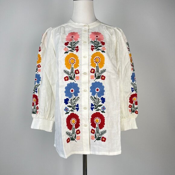 NWOT Boden Embroidered Floral Ivory Long Sleeves White Linen Top Shirt Blouse 12 - Picture 2 of 13
